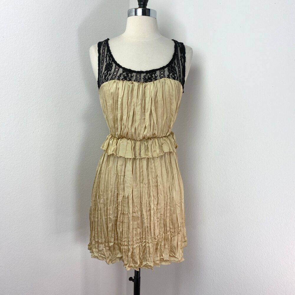 Papaya Gold Crinkle Black Lace Dress Small Boho Whimsy Goth Cottage Fairy Core